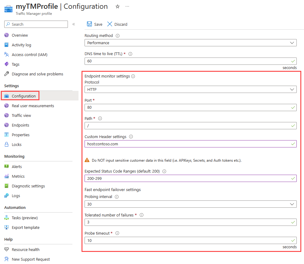 Capture d’écran montrant la configuration de Traffic Manager dans le Portail Azure.