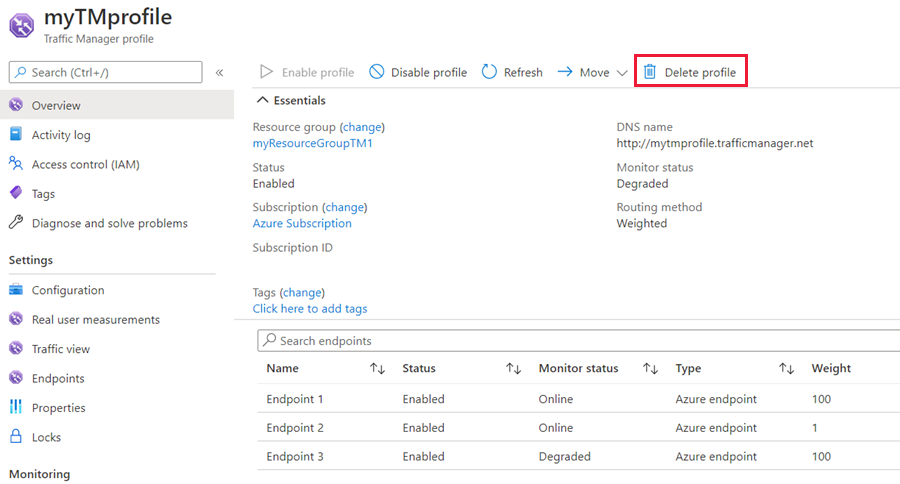 Suppression du profil Traffic Manager pondéré