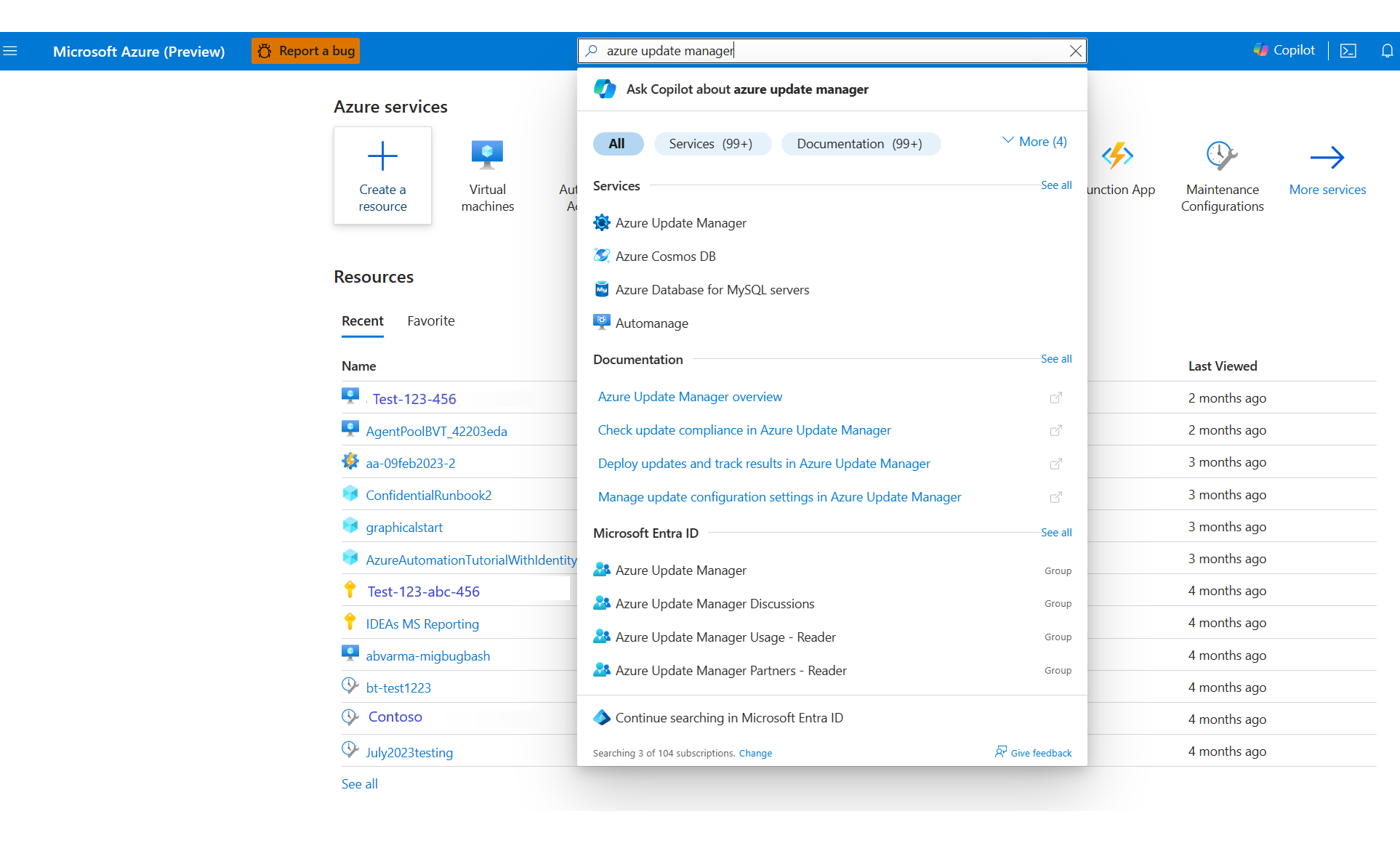 Capture d’écran d’accès au Gestionnaire de mise à jour Azure à partir du portail Azure.