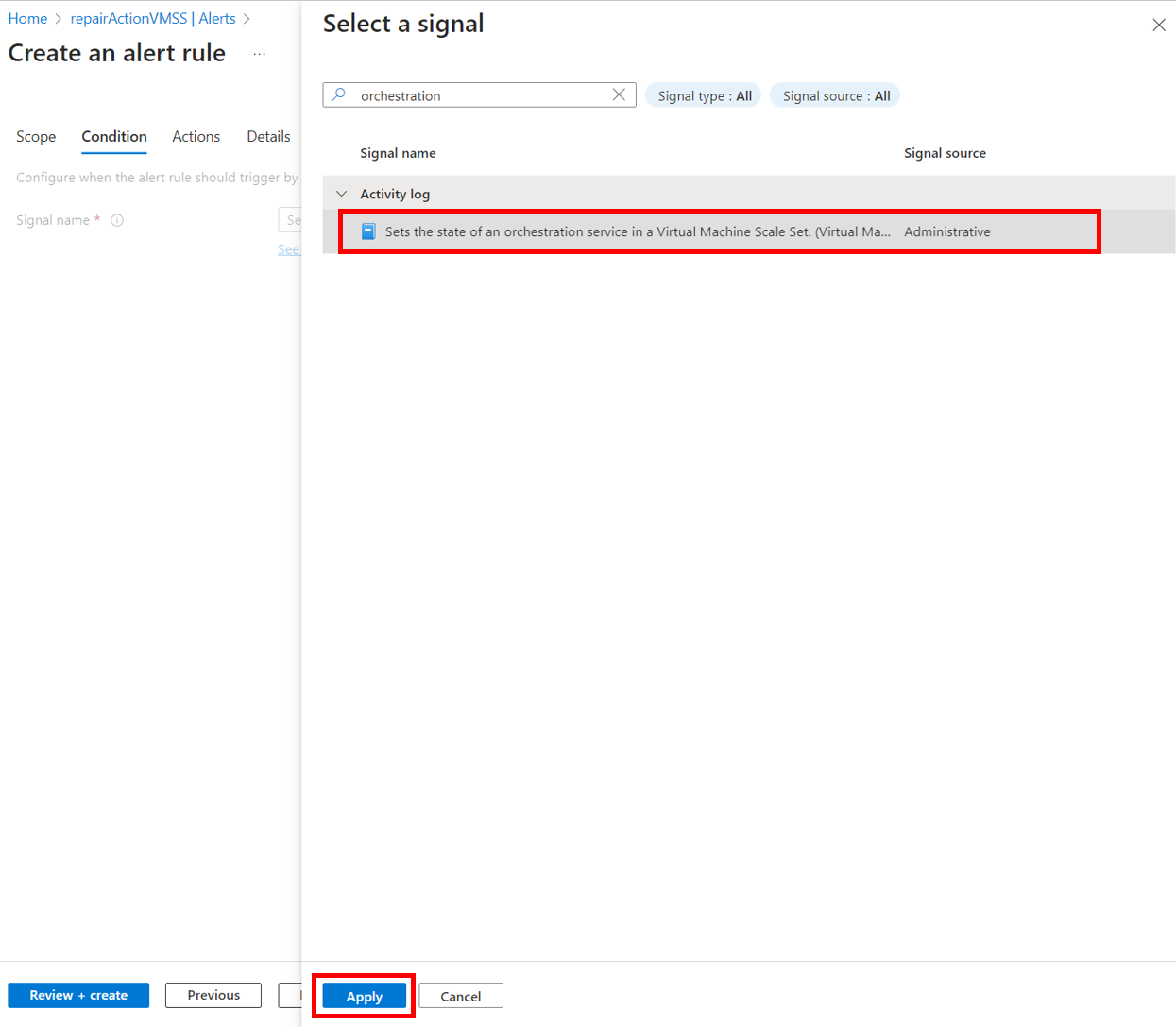 Sélectionner un signal d’alerte pour surveiller l’état du service d’orchestration de groupe identique