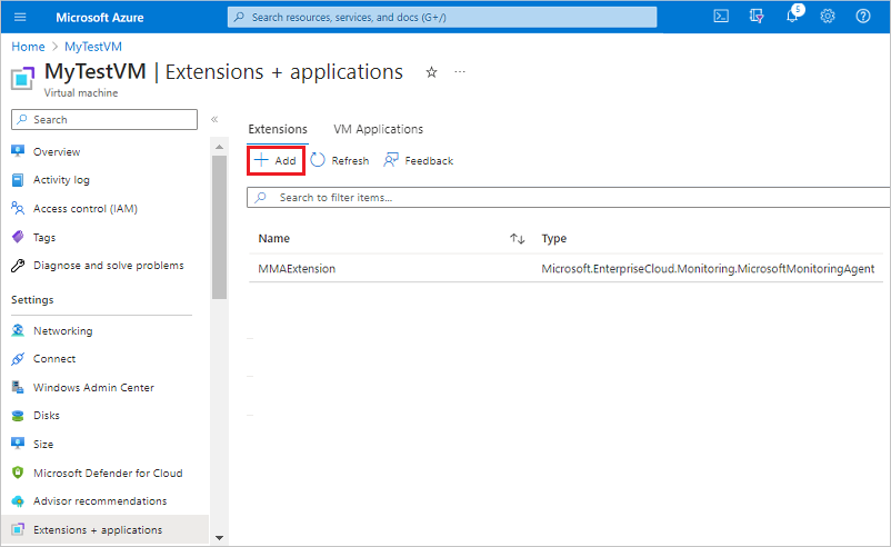 Capture d’écran montrant comment ajouter une extension pour une machine virtuelle dans le portail Azure.