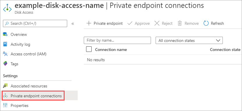 Capture d’écran du volet de vue d’ensemble de la ressource d’accès au disque. Les connexions de point de terminaison privé sont mises en évidence.