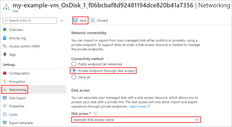 Capture d’écran du volet Réseau pour l’accès au disque managé. La sélection du point de terminaison privé et de l’accès au disque sont mises en évidence. Enregistrez pour configurer votre disque avec cet accès.