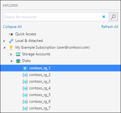 Capture d’écran montrant l’emplacement du nœud Disques dans l’application Explorateur Stockage Azure. Ce nœud permet de charger un disque.