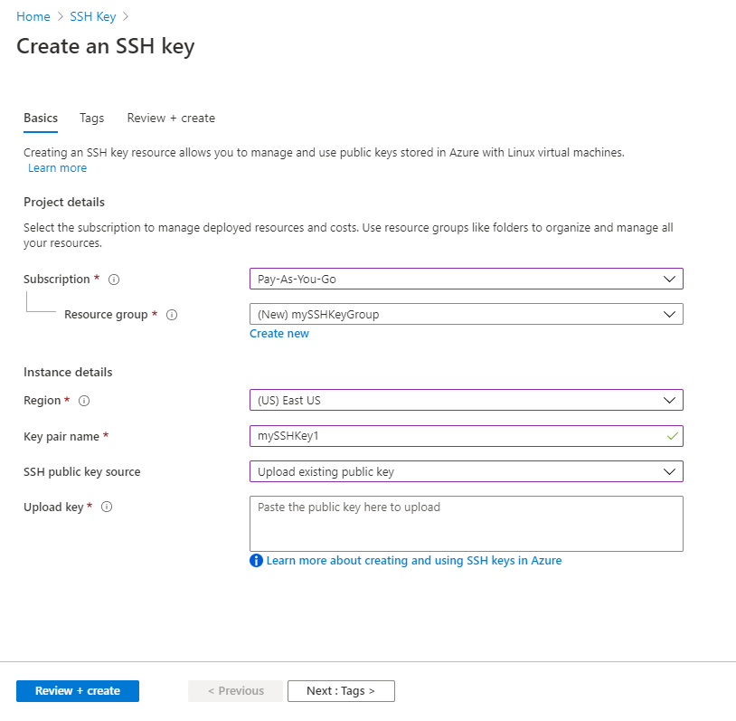 Charger une clé publique SSH à stocker dans Azure