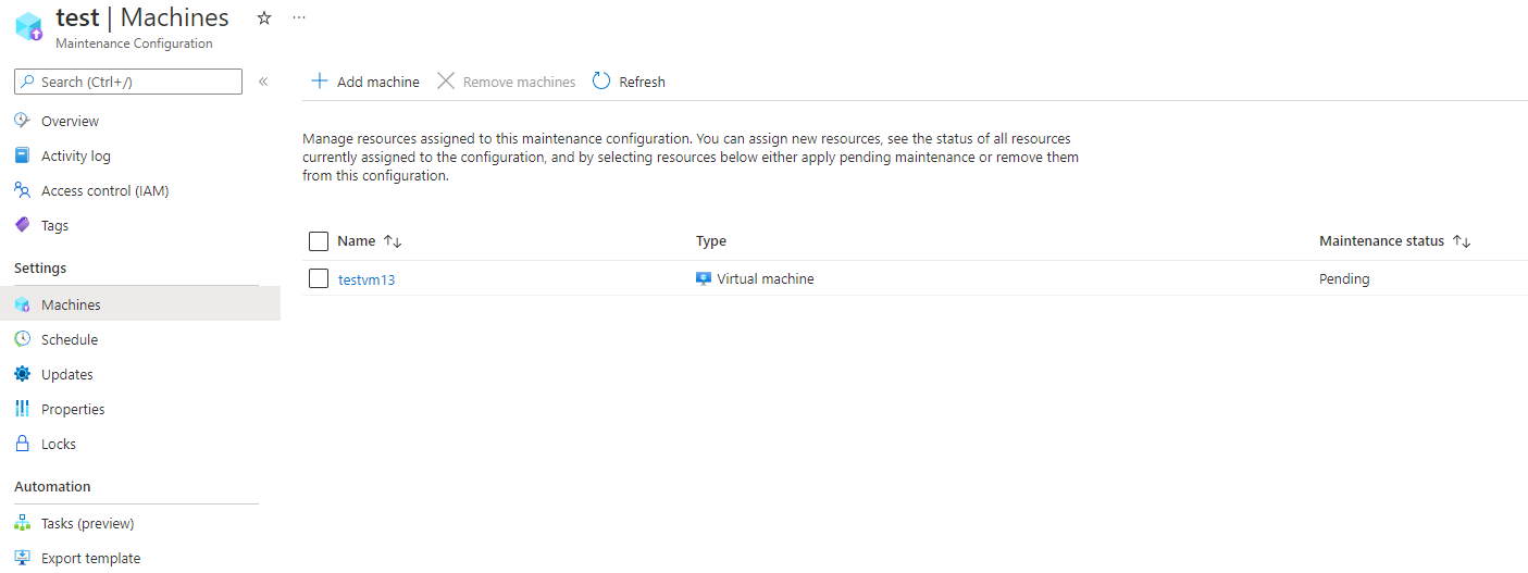 Capture d’écran montrant où vérifier une configuration de maintenance dans le portail Azure.