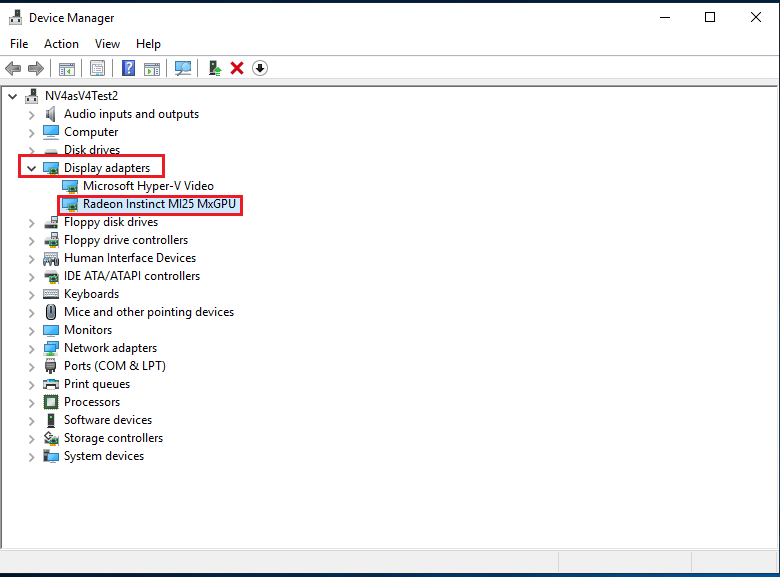 Capture d’écran montrant une configuration réussie de la carte Radeon Instinct MI25 sur une machine virtuelle NVv4 Azure.