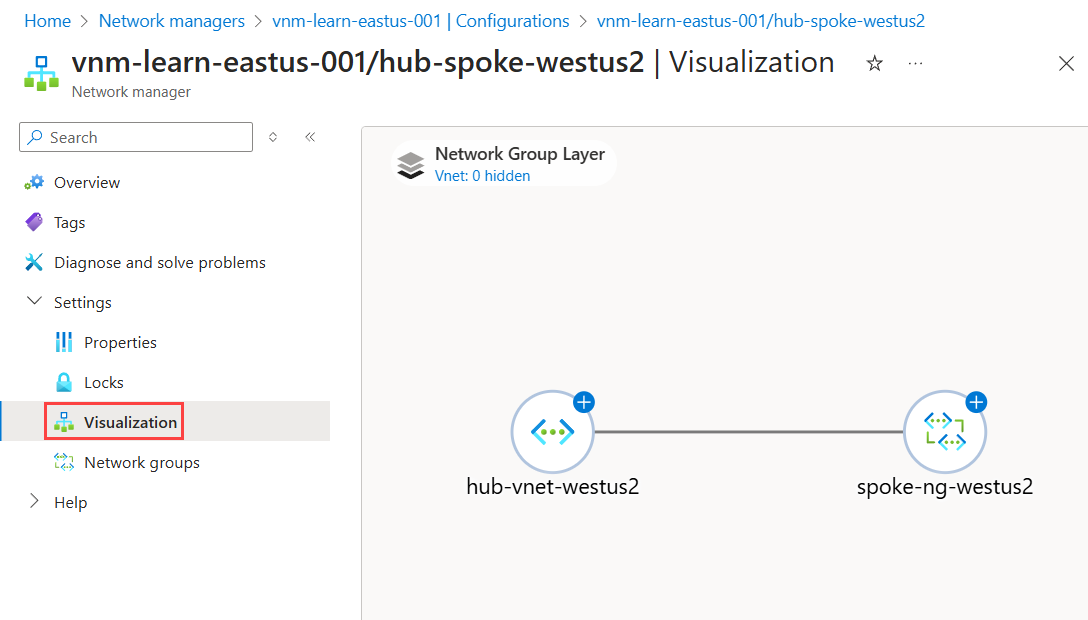 Capture d’écran de la fenêtre de visualisation montrant la topologie du groupe de réseaux.