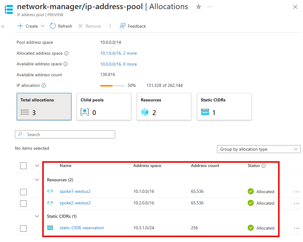 Capture d’écran des allocations du pool d’adresses IP mettant en évidence les informations sur les ressources individuelles.