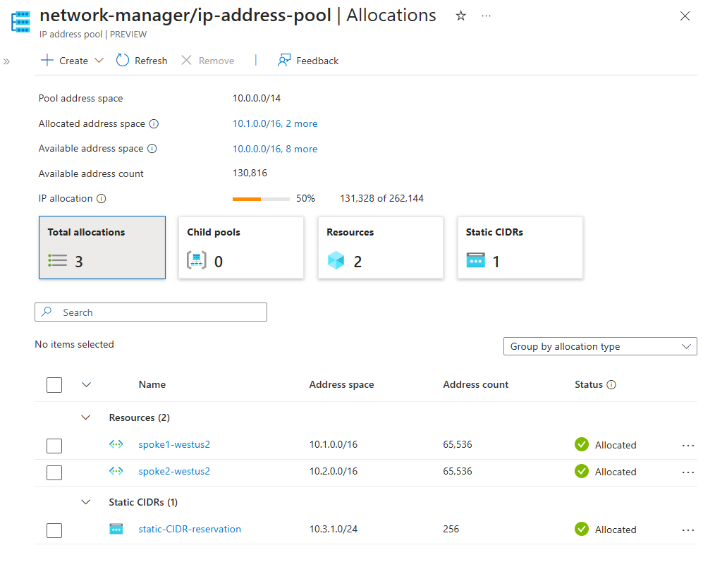 Capture d’écran des allocations et statistiques du pool d’adresses IP.