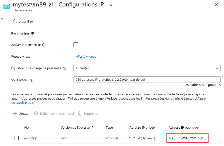 Capture d’écran montrant l’adresse IP publique nouvellement affectée.