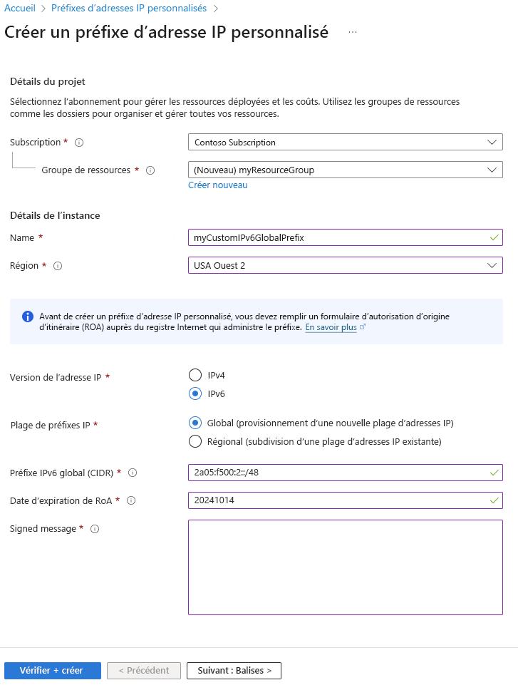 Capture d’écran de la création d’une page de préfixes d’adresses IP personnalisée dans le portail Azure.