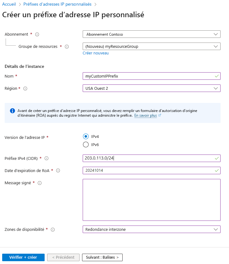 Capture d’écran de la création d’une page de préfixes d’adresses IP personnalisée dans le portail Azure.