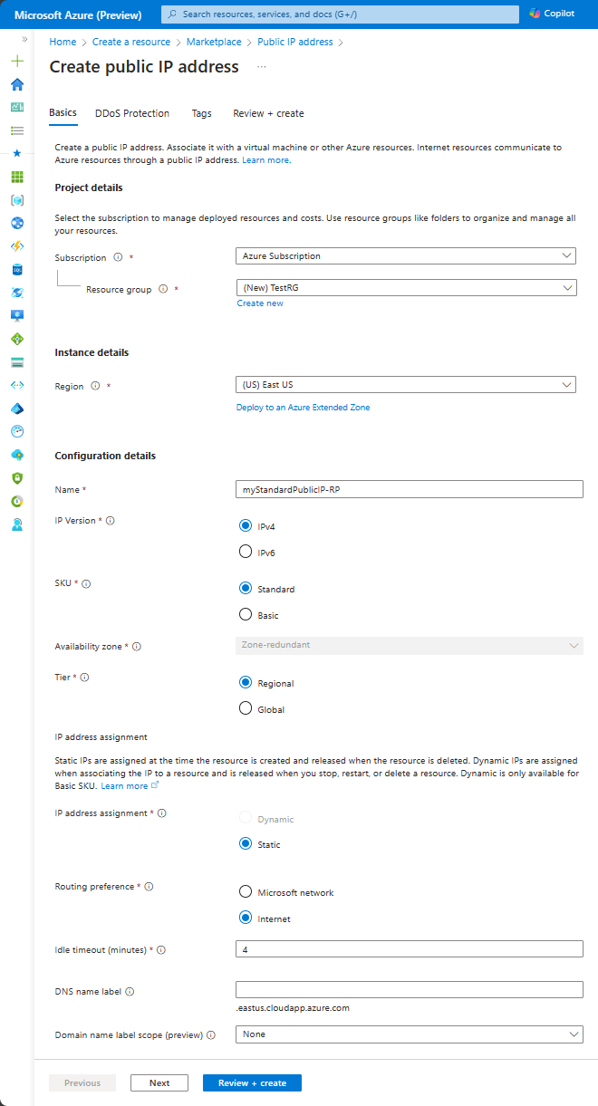 Capture d’écran montrant l’onglet Informations de base de la page Créer une adresse IP publique pour une référence SKU standard et le paramètre de routage Internet.