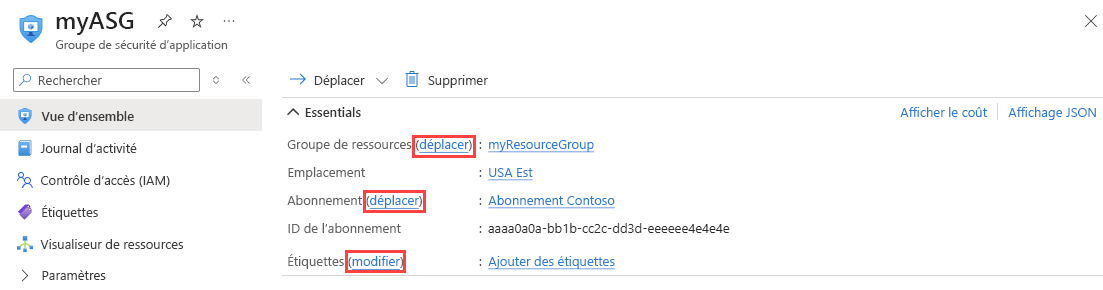 Capture d’écran montrant la modification d’un groupe de sécurité d’application dans le portail Azure.