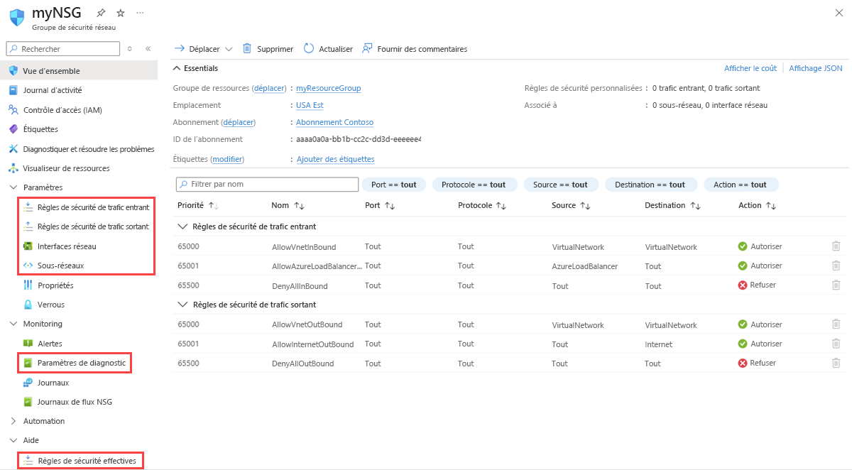 Capture d’écran montrant la page Groupe de sécurité réseau dans le portail Azure.