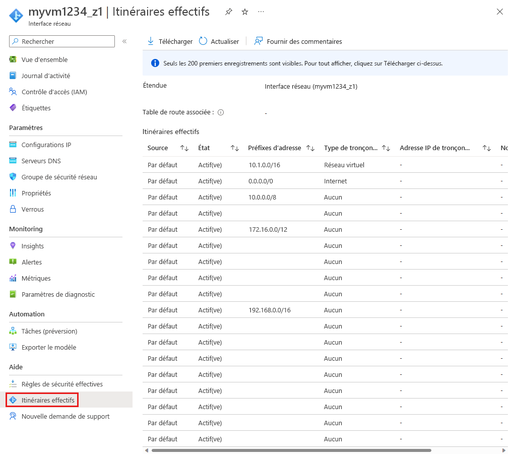 Capture d’écran des itinéraires effectifs d’une interface réseau.