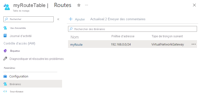 Capture d’écran des itinéraires d’une table de route.