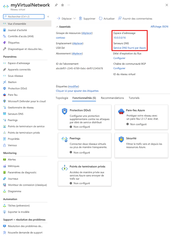 Capture d’écran de la page de présentation du réseau virtuel. Elle comprend des informations essentielles, notamment le groupe de ressources, les informations d’abonnement et les informations DNS.