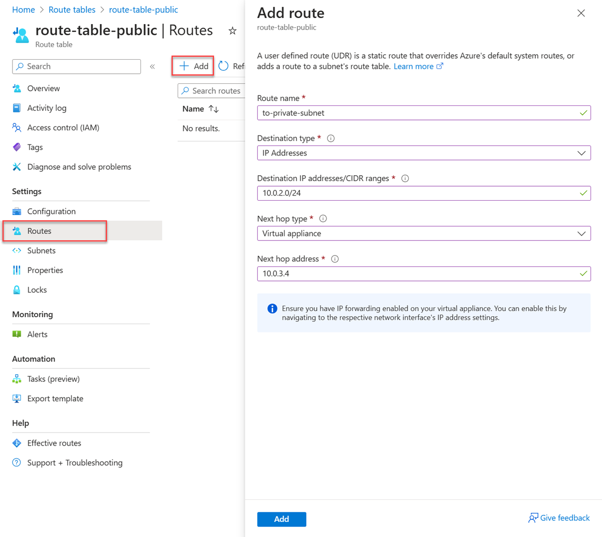 Capture d’écran de la création d’itinéraires dans la table de routage.