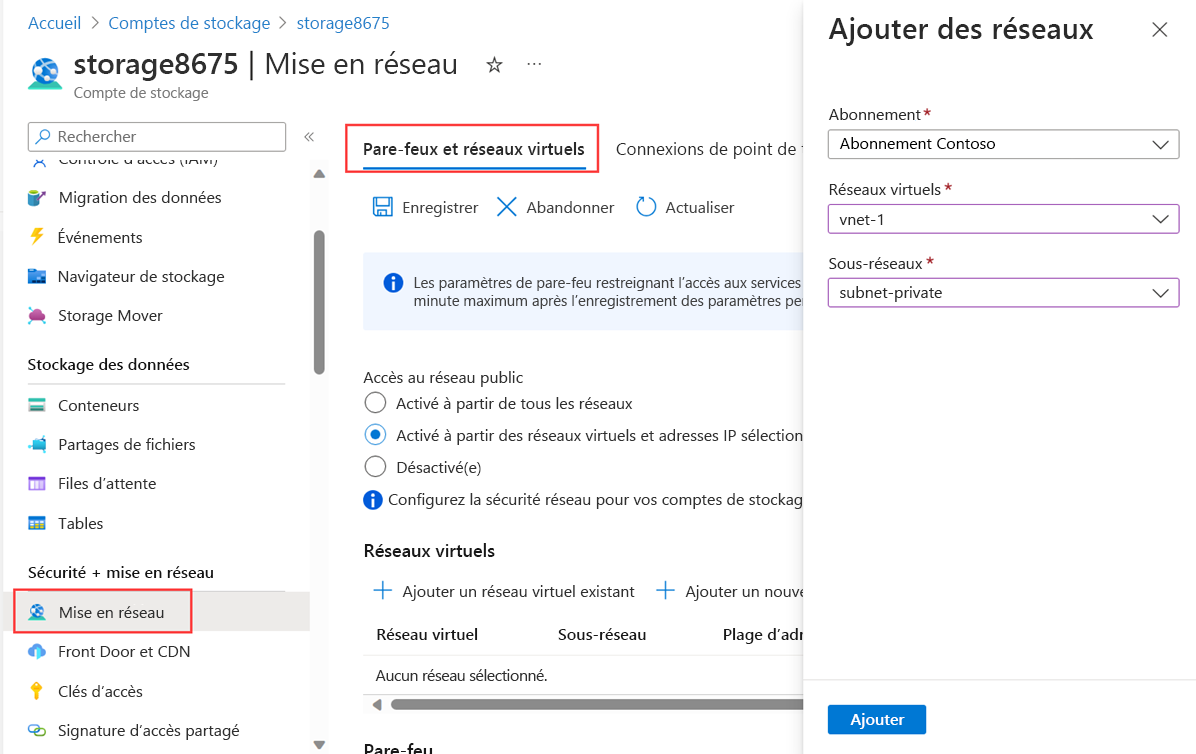 Capture d'écran de la restriction du compte de stockage au sous-réseau et au réseau virtuel créés précédemment.