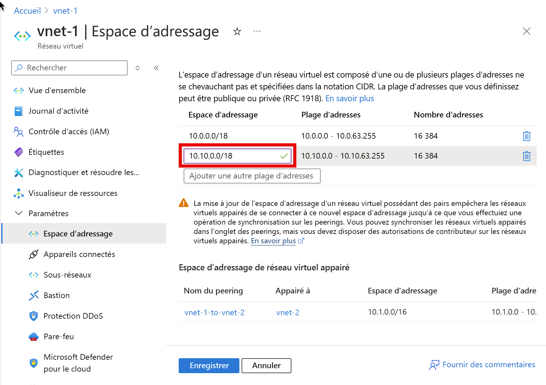 Capture d’écran de la page Espace d'adressage utilisée pour ajouter une plage d’adresses IP.