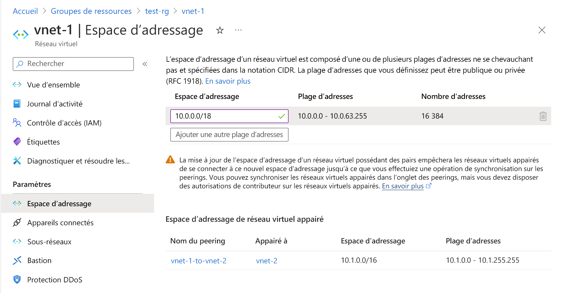 Capture d’écran de la page Espace d’adressage permettant de changer le préfixe d’un sous-réseau.