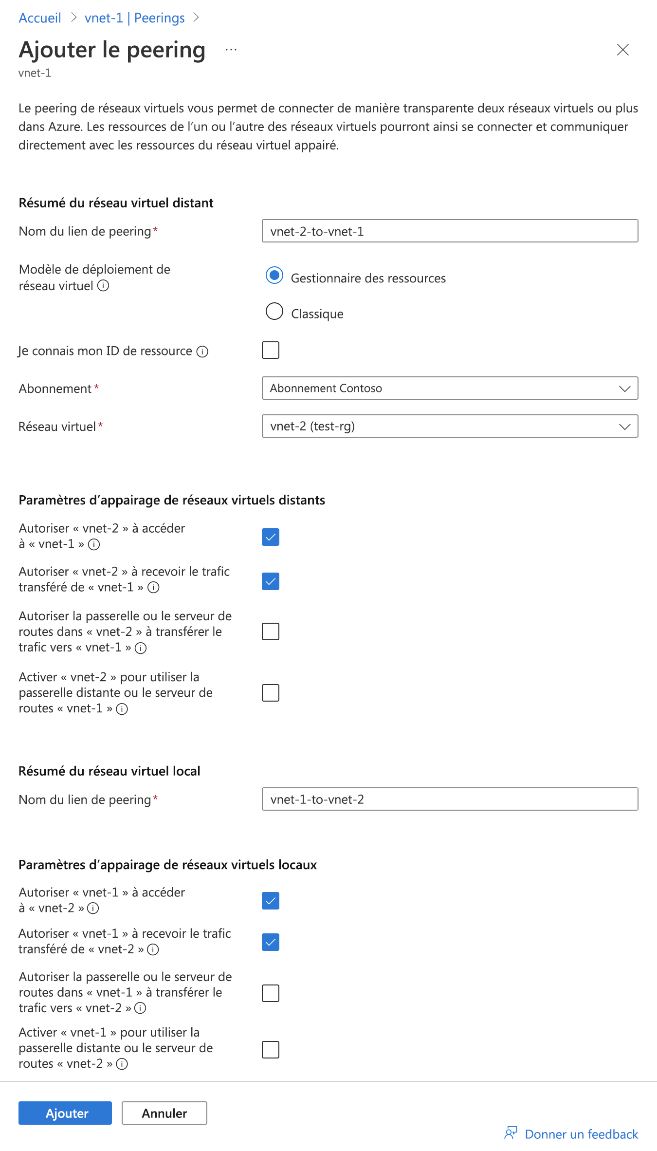 Capture d’écran de la page de configuration de peering.