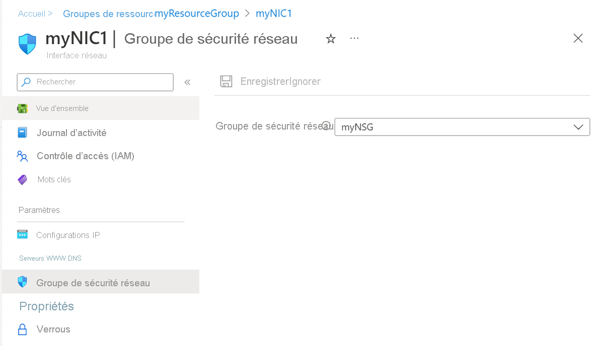 Capture d’écran de la configuration du groupe de sécurité réseau.