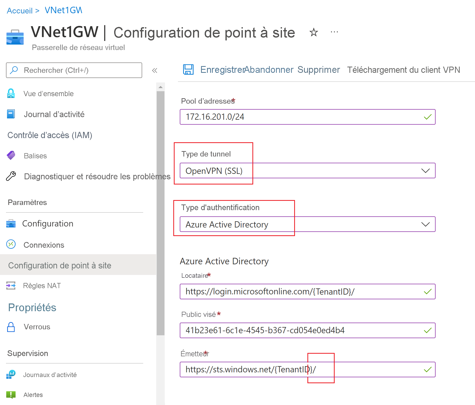 Capture d’écran montrant les paramètres du type de Tunnel, du type Authentification et des paramètres de Microsoft Entra.