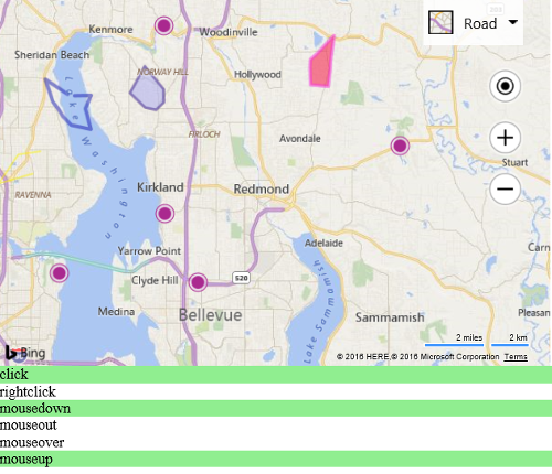 Screenshot of a Bing map that shows a variety of polygons around the map and a list of firing events below the map.