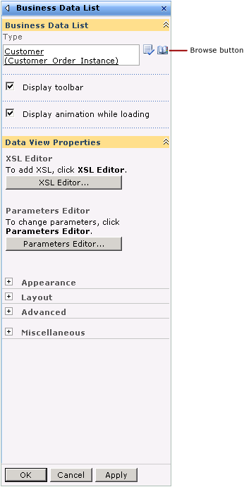 Volet d’outils Liste de données métiers