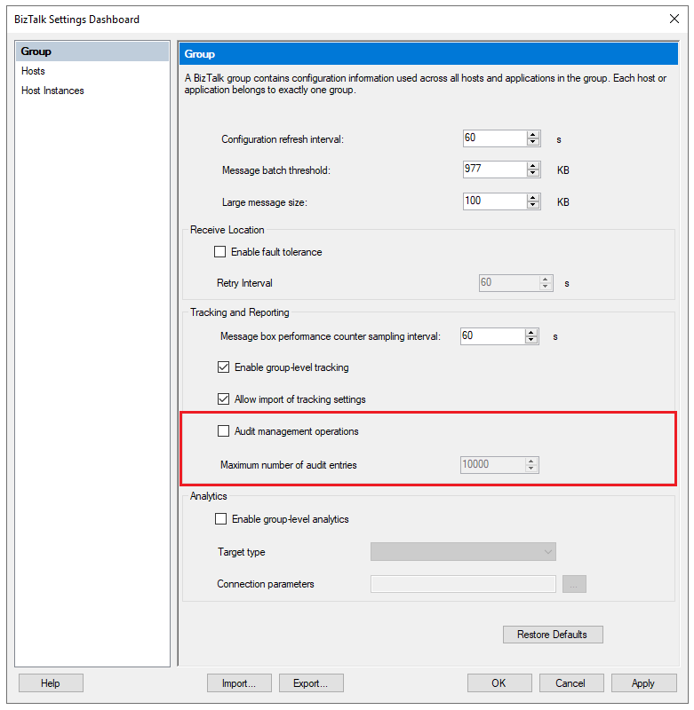 Capture d’écran de la page Groupe dans la console d’administration BizTalk Server. Les opérations de gestion d’audit et la zone nombre maximal d’entrées sont appelées.