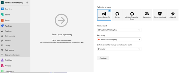 Sélectionnez Azure repos git pour héberger votre nouveau pipeline dans BizTalk Server.