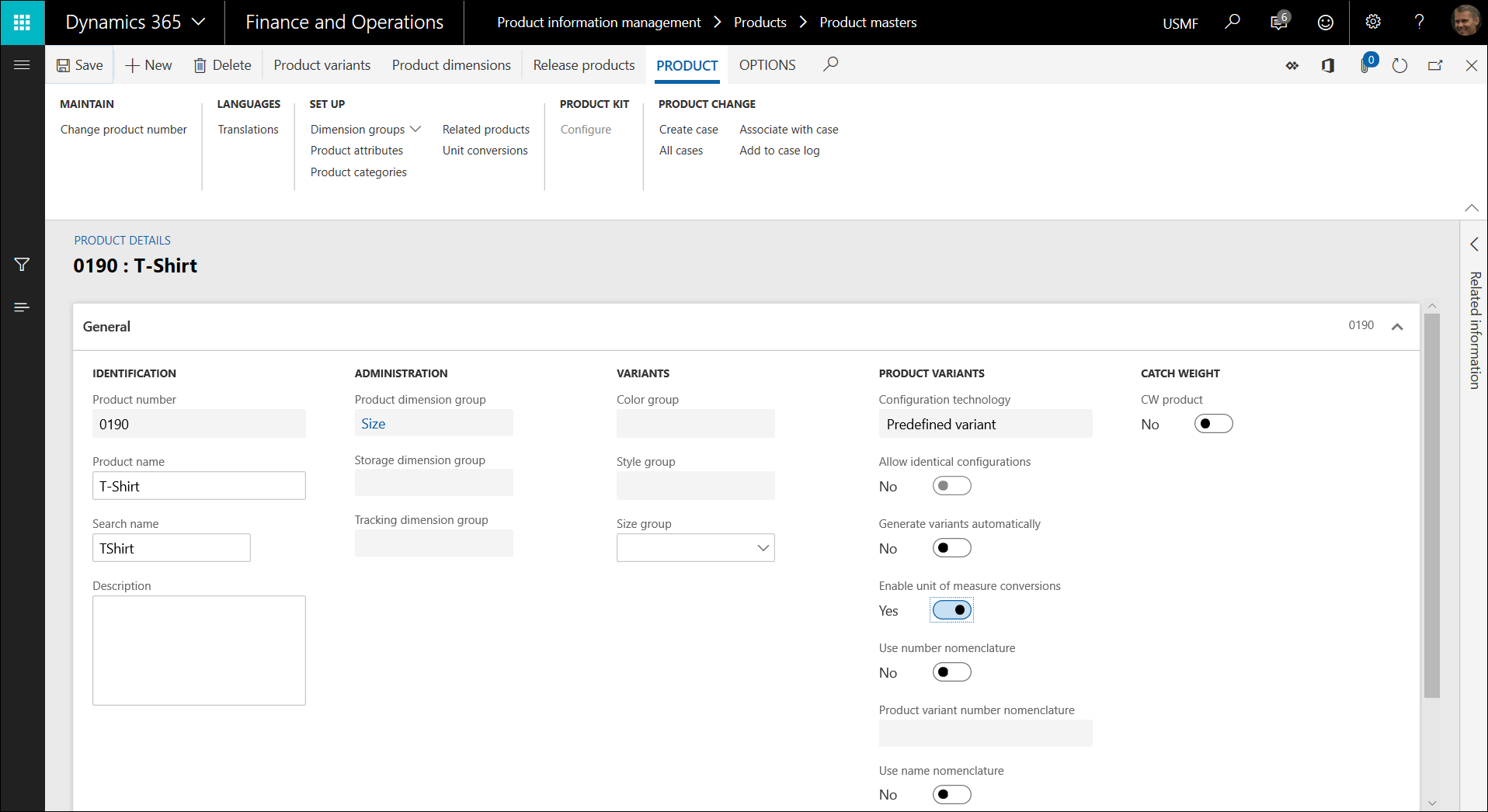 Activation des conversions d'unités de mesure par variante de produit pour un produit générique spécifique sur la page Détails de produit