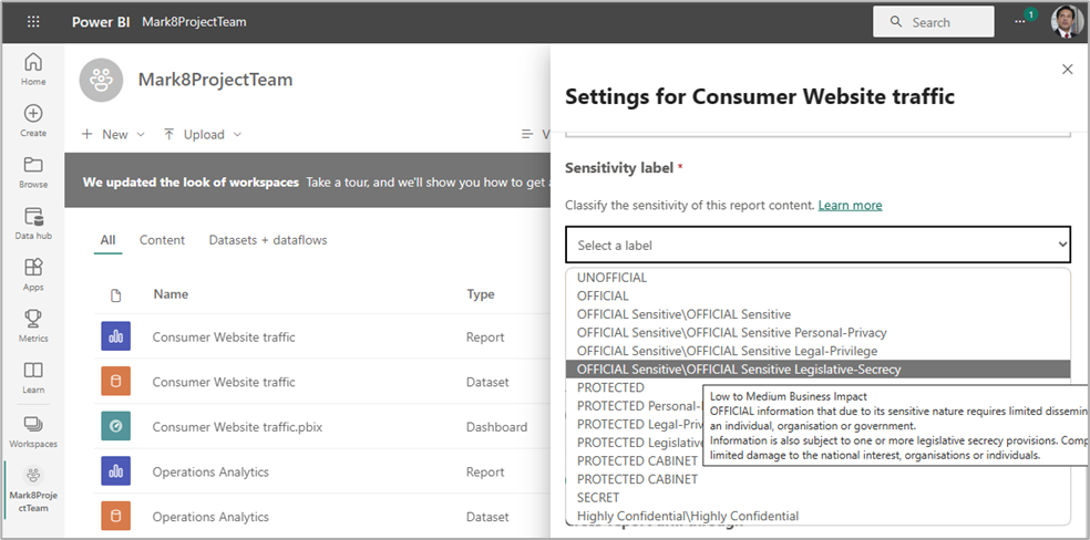 Options d’étiquetage Power BI.