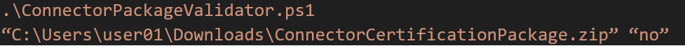 Capture d’écran de la syntaxe pour exécuter ConnectorPackageValidator.ps1.
