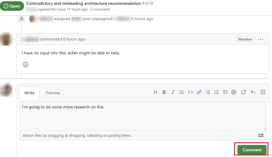 Capture d'écran d'un problème GitHub avec une boîte de commentaires en bas.