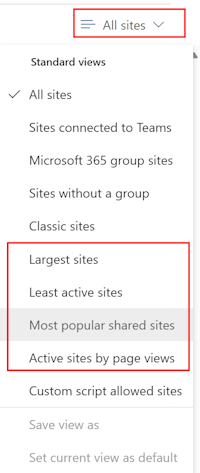 Dans le Centre d’administration SharePoint, sélectionnez sites actifs, puis utilisez le filtre Tous les sites.