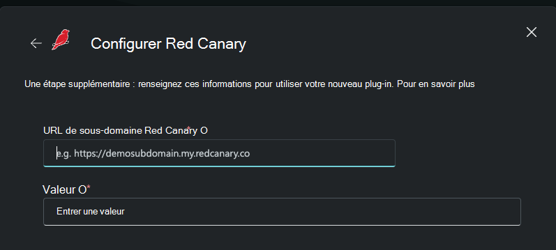 Capture d’écran montrant où entrer votre URL Et votre clé API Red Canary.