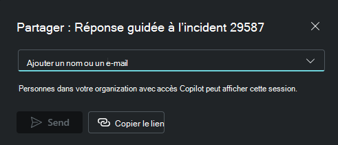 Capture d’écran montrant les options de lien de partage de session pour copier simplement le lien ou envoyer un lien par e-mail.