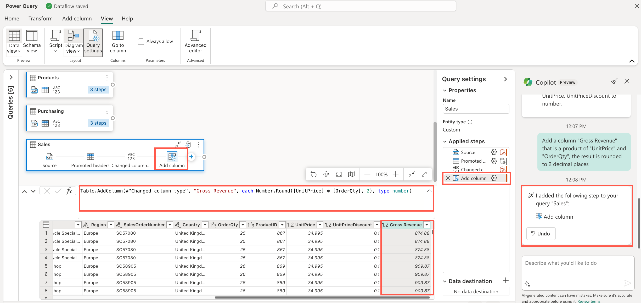 Capture d’écran de l’interface microsoft Power Query montrant une nouvelle colonne ajoutée à la requête Sales, intitulée Gross Revenue, calculée comme le produit de UnitPrice et OrderQty.