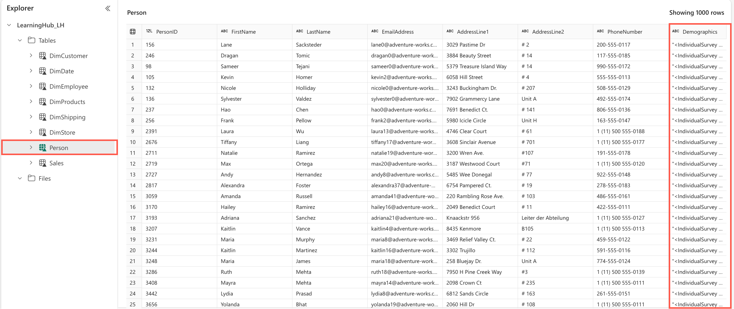 Capture d’écran de Power Query interface montrant la table Person : PersonID, FirstName, LastName, Email, AddressLine2, Phone, Demographics. Table DimCustomer mise en surbrillance.