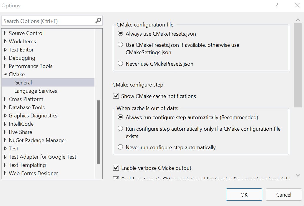 Capture d’écran montrant l’option « Toujours utiliser CMakePresets.json » sélectionnée.