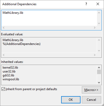 Screenshot of the Additional Dependencies dialog showing the MathLibrary.lib file.