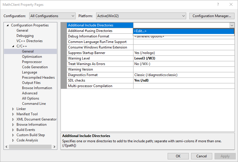 Screenshot of the Property Pages dialog showing the Edit command in the Additional Include Directories property drop-down.