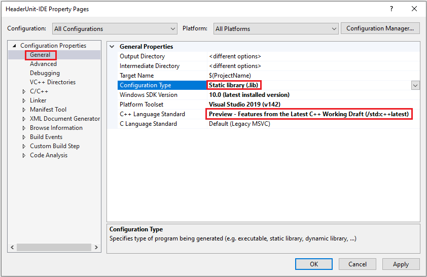 Capture d’écran montrant les paramètres pour Type de configuration et Norme du langage C++.