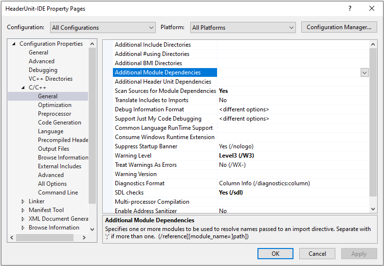 Capture d’écran montrant les propriétés dans Pages de propriétés du projet sous Propriétés de configuration, C/C++, Général, avec l’option Dépendances de module supplémentaires sélectionnée.