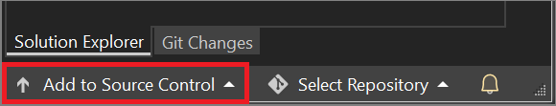 Capture d’écran des boutons de contrôle de code source Git sous le volet Explorateur de solutions, avec le bouton Add to Source Control (Ajouter au contrôle de code source) en évidence.