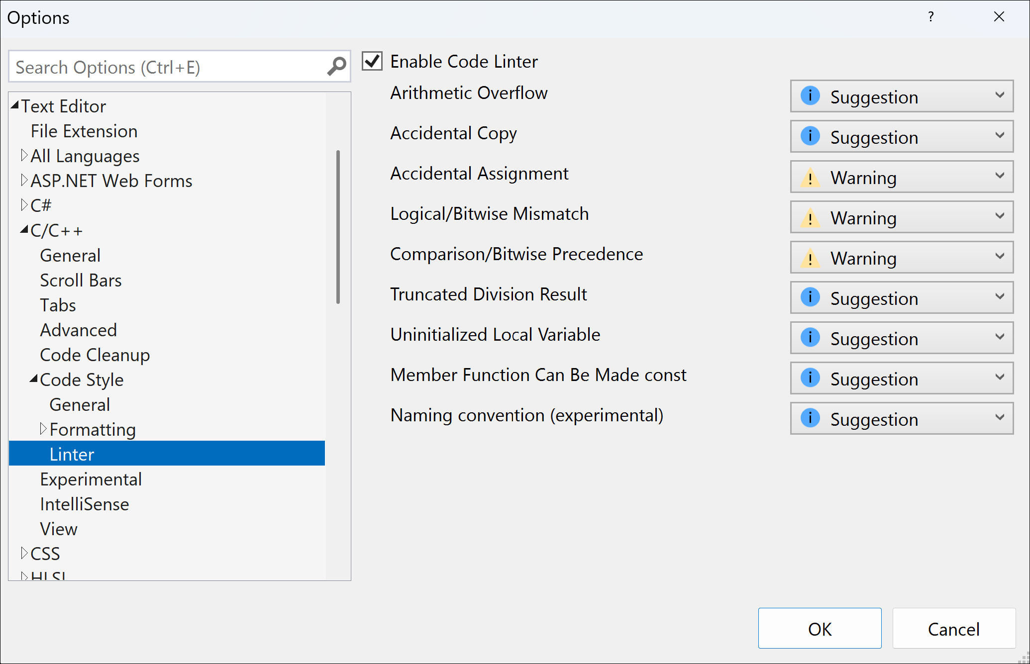 Capture d’écran de la fenêtre de configuration du linter avec des options telles que l’avertissement en cas d’affectation accidentelle, de variable locale non initialisée, etc.